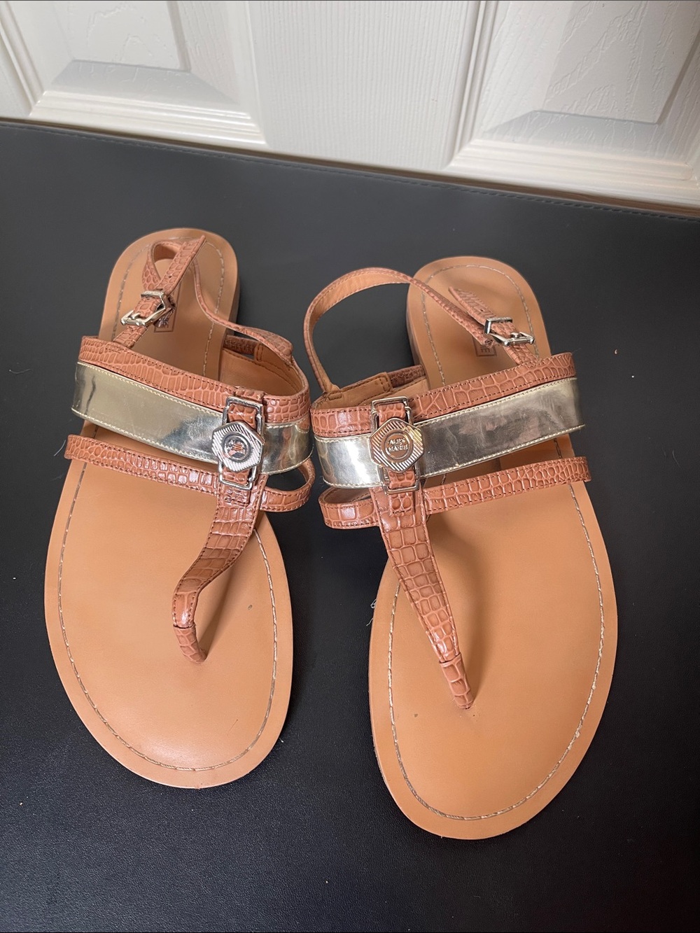 Alex Marie Tan and Silver T-Strap Sandals